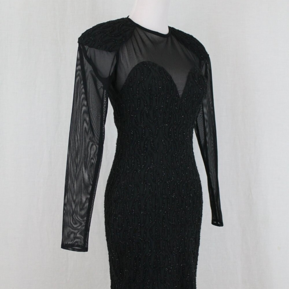 Susan Roselli Vijack Vintage Black Corded Metallic Lace Illusion Cocktail Dress - Picture 4 of 10